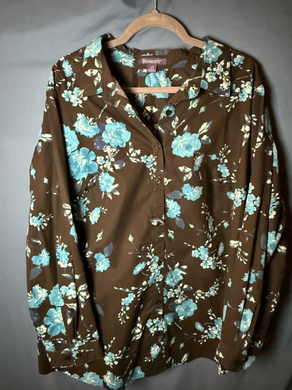 Roaman's Black Blouse with Teal Floral Print